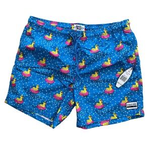 NWT Beach Bros Men's XL Blue Lined Swim Trunks Board Shorts Pink Duck Tube Print